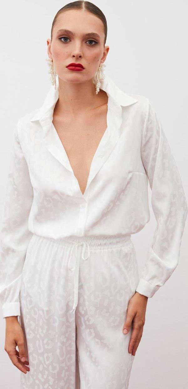 Desenli Saten Gömlek - Ekru - Image 1