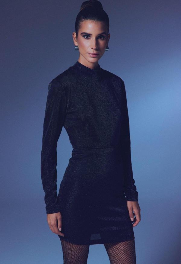 Dik Yaka Simli Bodysuit - Siyah - Image 1