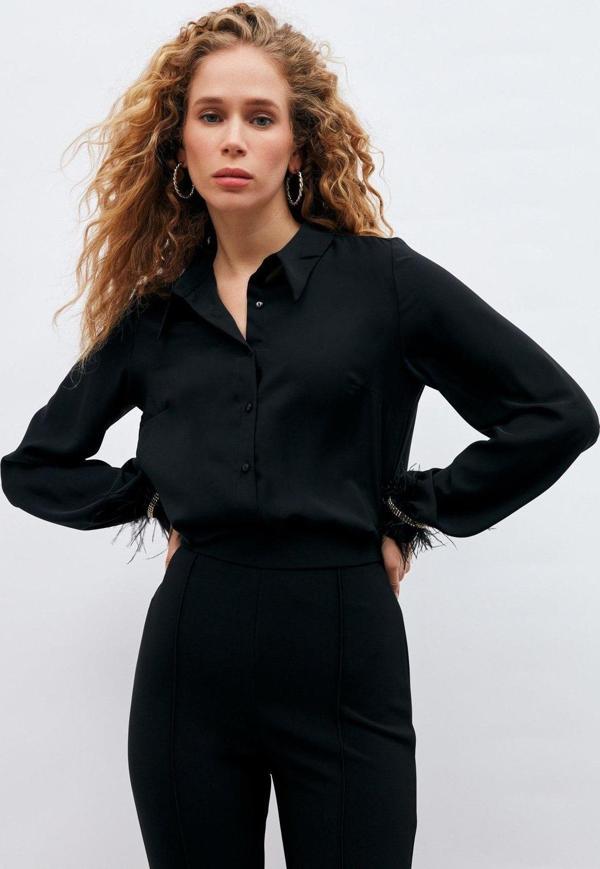 Manşetleri Aksesuarlı Gömlek - Siyah - Image 1
