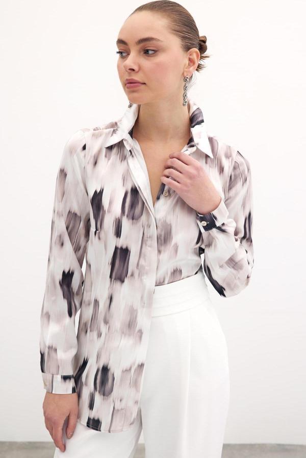 Desenli Düz Gömlek - Bej - Image 1