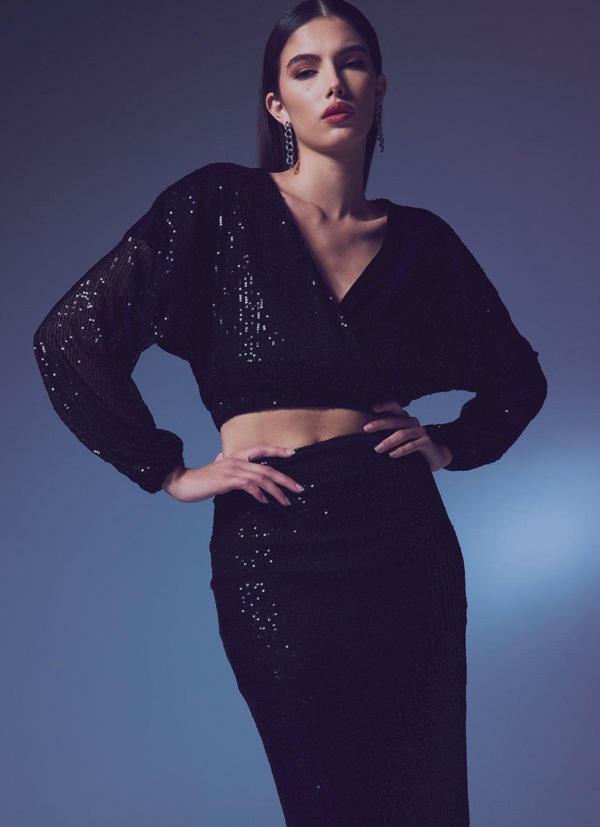 Payetli Kruvaze Bluz - Siyah - Image 1