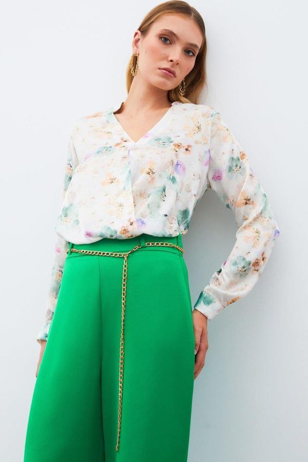 Desenli Kruvaze Bluz - Çağla Yeşili - Image 1