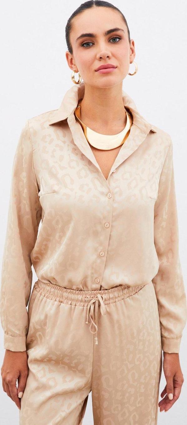 Desenli Saten Gömlek - Camel - Image 1