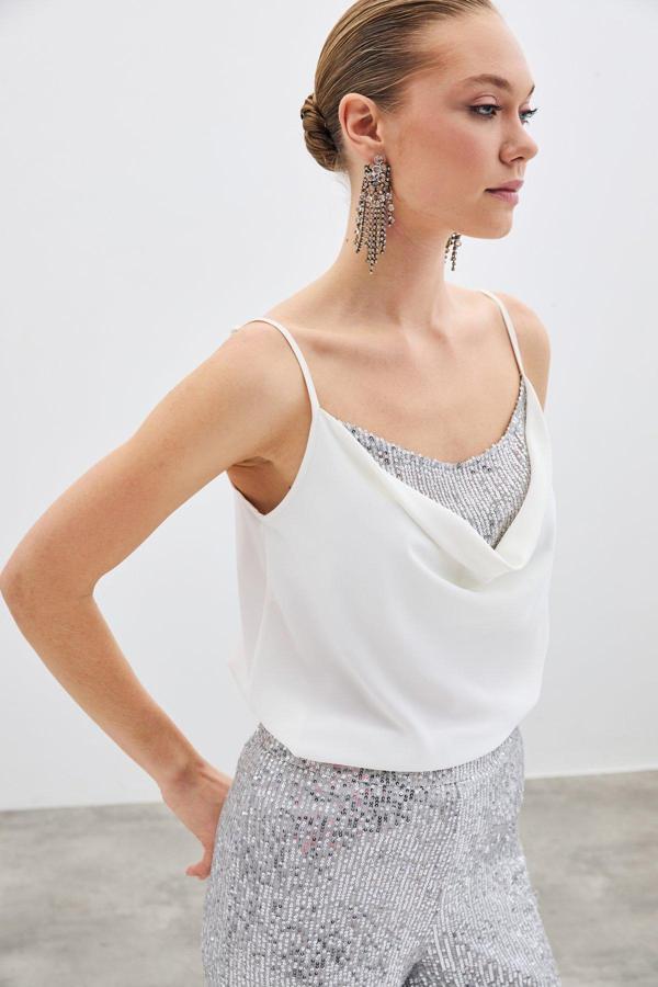 Degaje Yaka Bluz - Ekru - Image 1