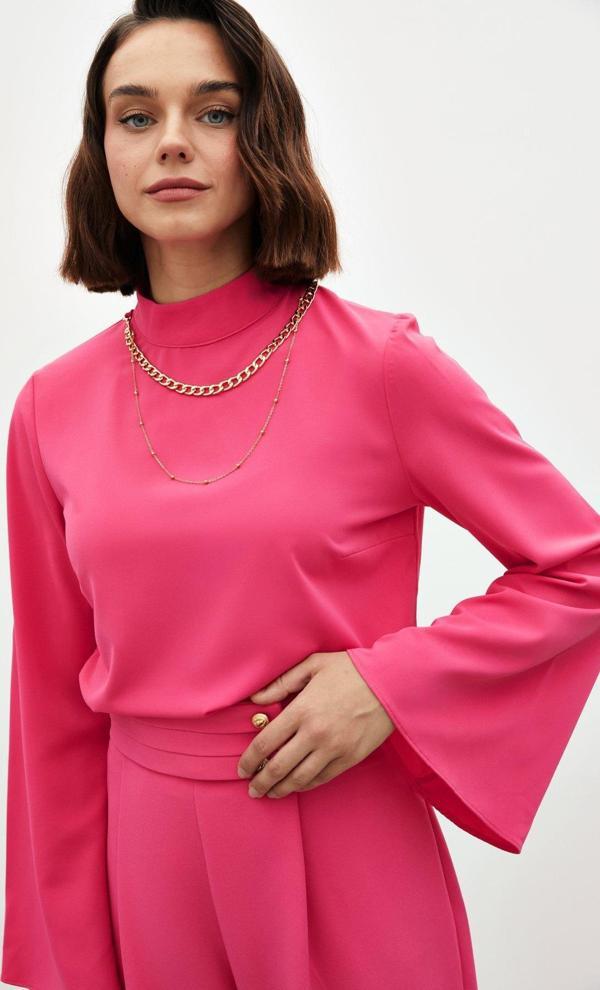 Kolyeli İspanyol Kol Bluz - Fuşya - Image 1
