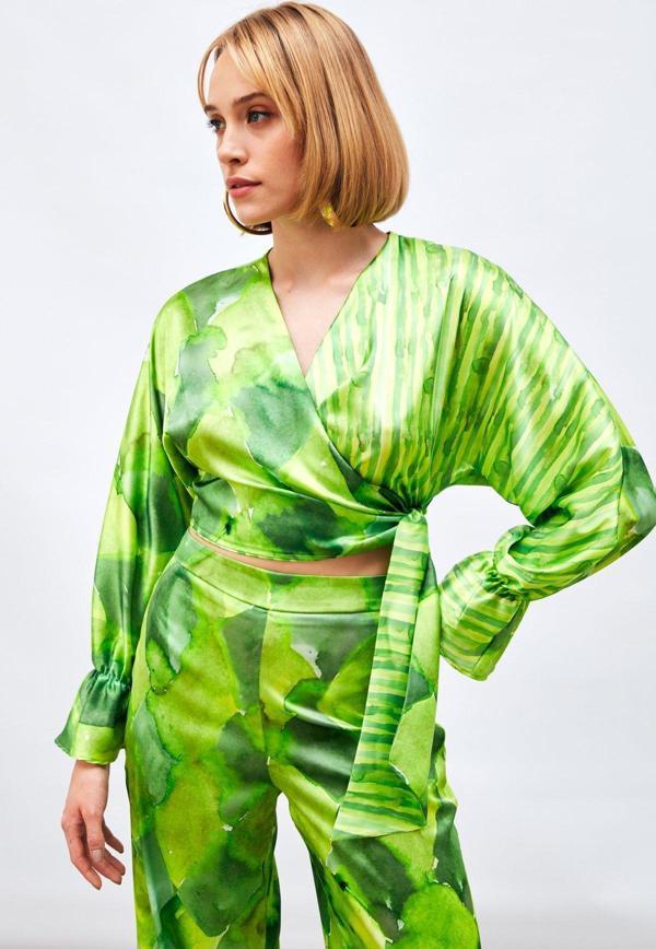 Yan Bağlamalı Desenli Bluz - Yeşil - Image 1