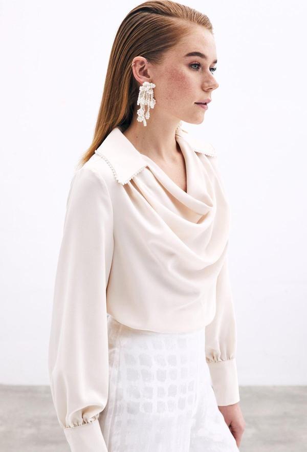 Degaje Yaka İncili Salaş Bluz - Bej - Image 1