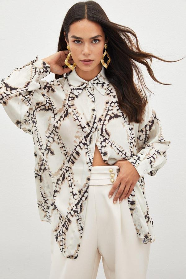 Desenli Salaş Gömlek - Bej - Image 1