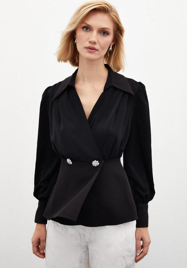 Gömlek Yakalı Bluz - Siyah - Image 1