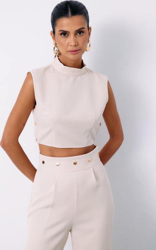 Çıt Çıt Detaylı Crop Bluz - Bej - Image 1