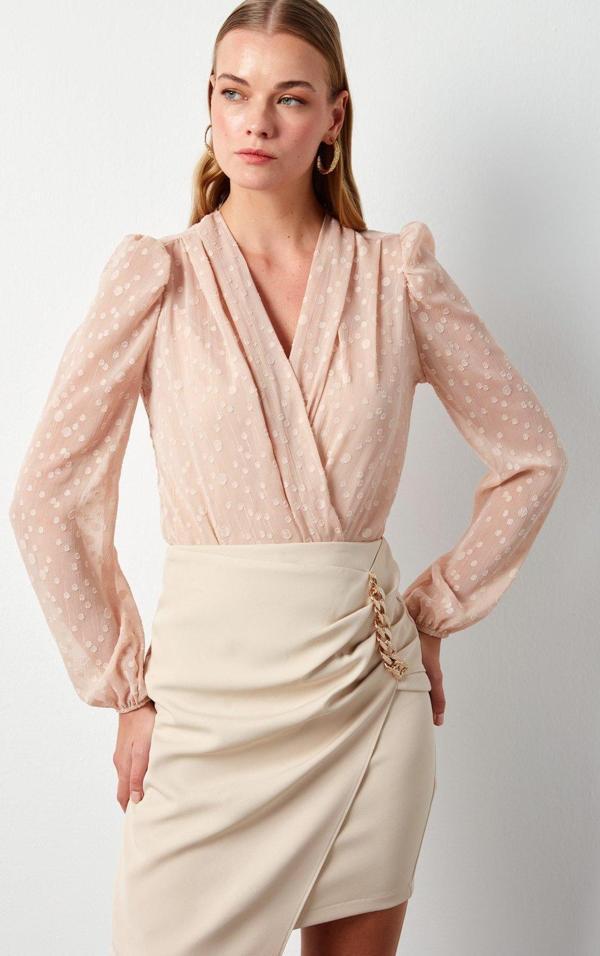 Desenli Kruvaze Bodysuit Bluz - Pudra - Image 1