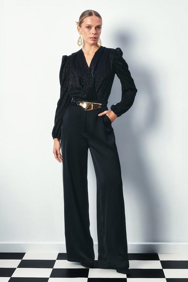 Kruvaze Desenli Bodysuit Bluz - Siyah - Image 1