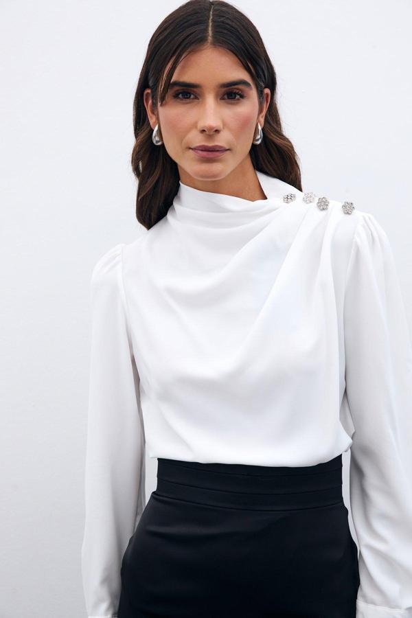 Düğmeleri Taş Detaylı Bluz - Ekru - Image 1