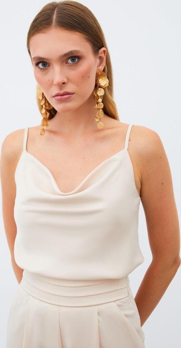 Degaje Yaka Saten Bluz - Bej - Image 1