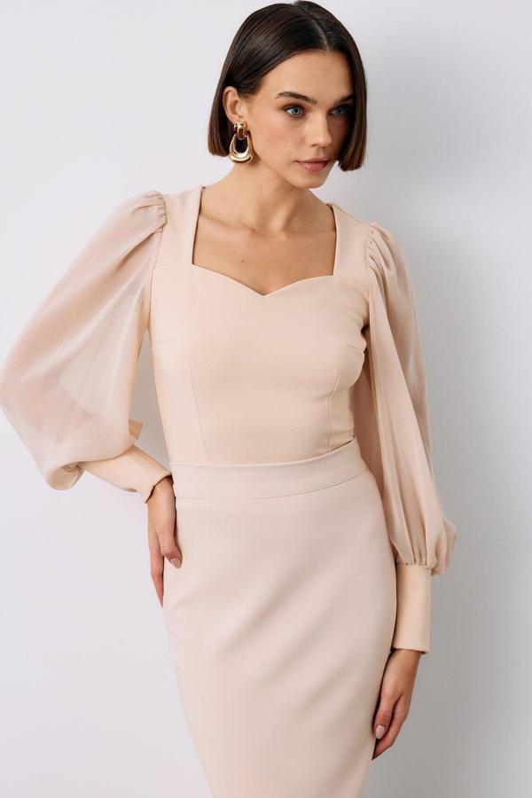 Balon Kol Crop Bluz - Bej - Image 1