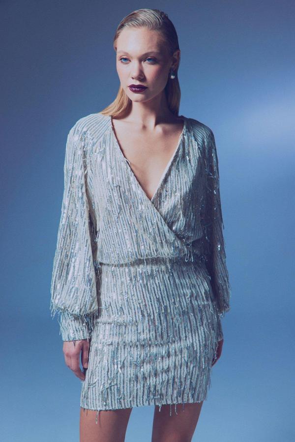 Kruvaze Payetli Bodysuit Bluz - Gümüş - Image 1