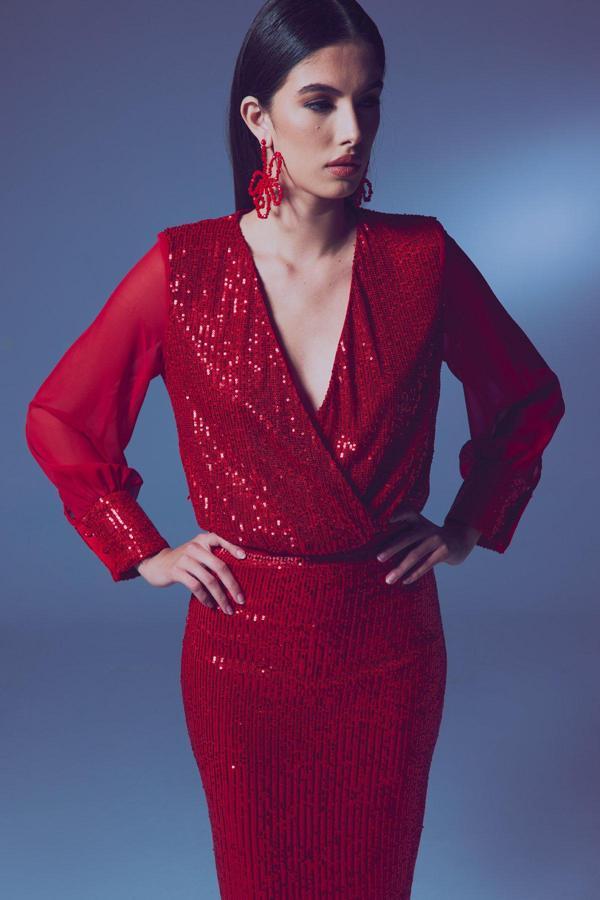 Şifon Kol Bodysuit Bluz - Kırmızı - Image 1