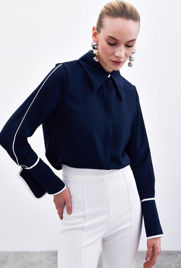 Klasik Manşetli Kontrast Gömlek - Lacivert - Image 1