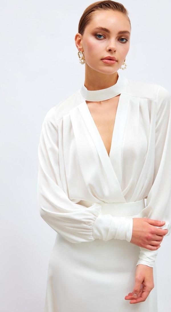 Drape Detaylı  Bodysuit Bluz - Ekru - Image 1