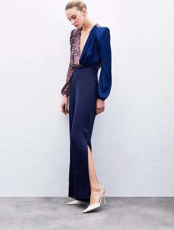 Yırtmaç Detaylı Saten Pantolon - Lacivert - Image 1