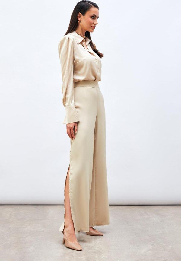 Yırtmaç Detaylı Saten Pantolon - Bej - Image 1