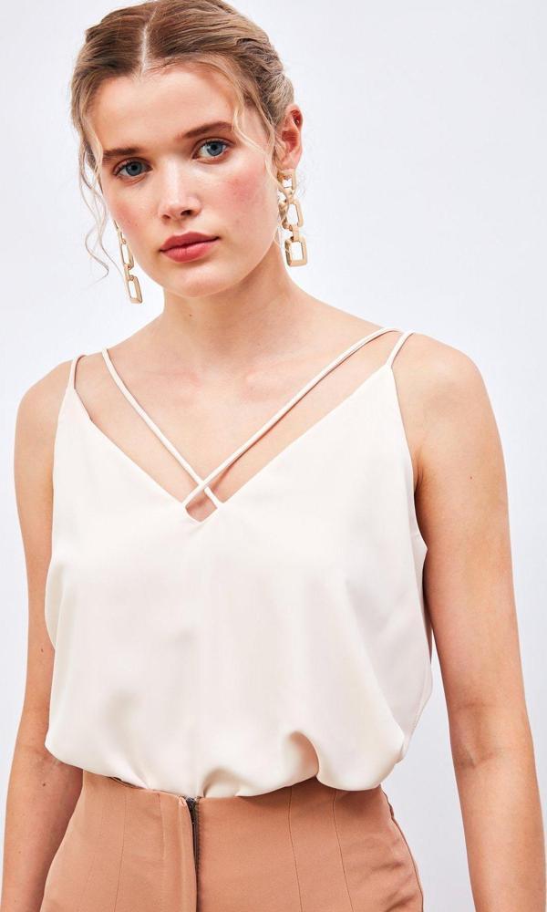 Çapraz İp Askılı Bluz - Bej - Image 1