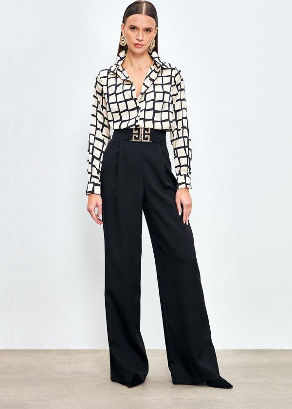 Bel Aksesuarlı Bol Paça Pantolon - Siyah - Image 1