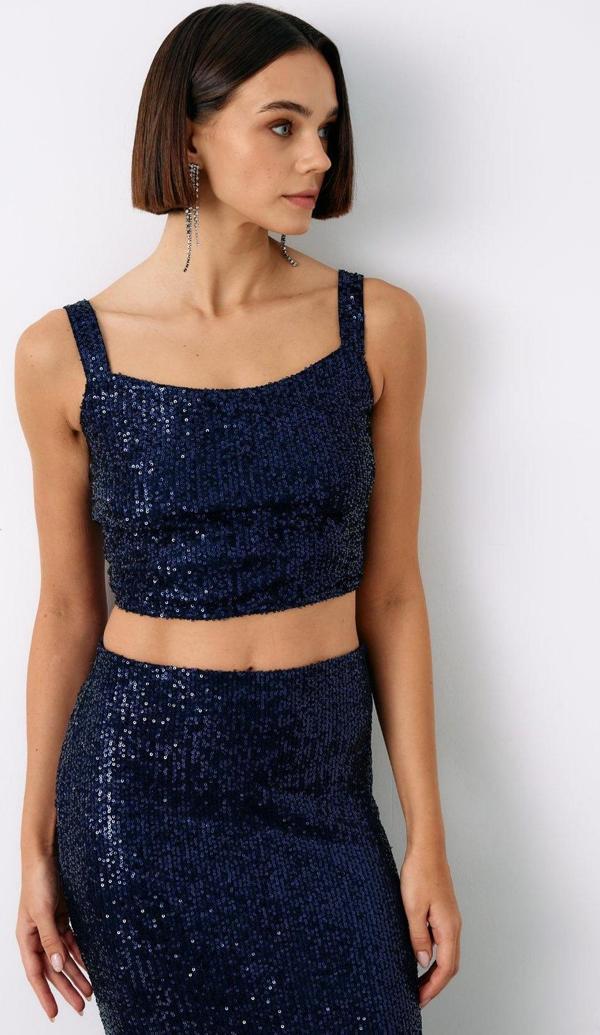 Payetli Crop Bluz - Lacivert - Image 1