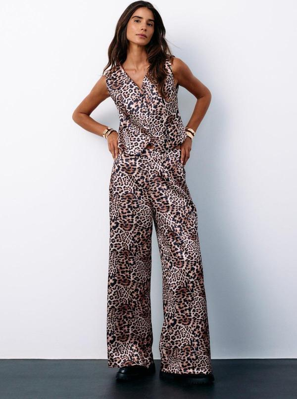 Leopar Desenli Saten Pantolon - Vizon - Image 1