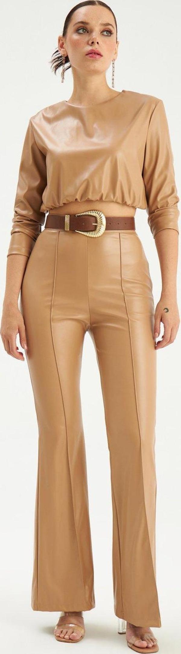 İspanyol paça deri pantolon - Bej - Image 1