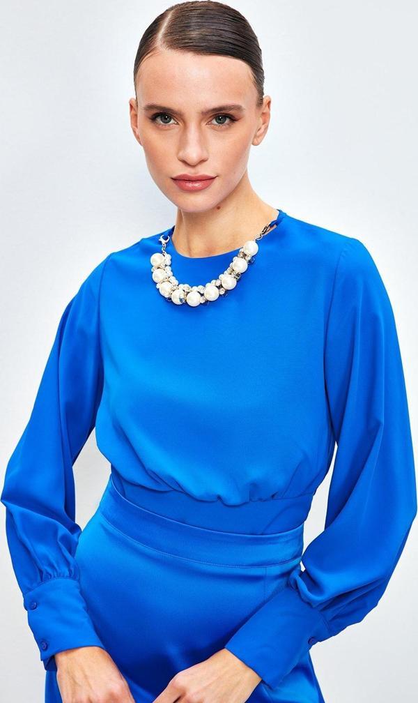 Kolye Detaylı Crop Bluz - Sax Mavi - Image 1