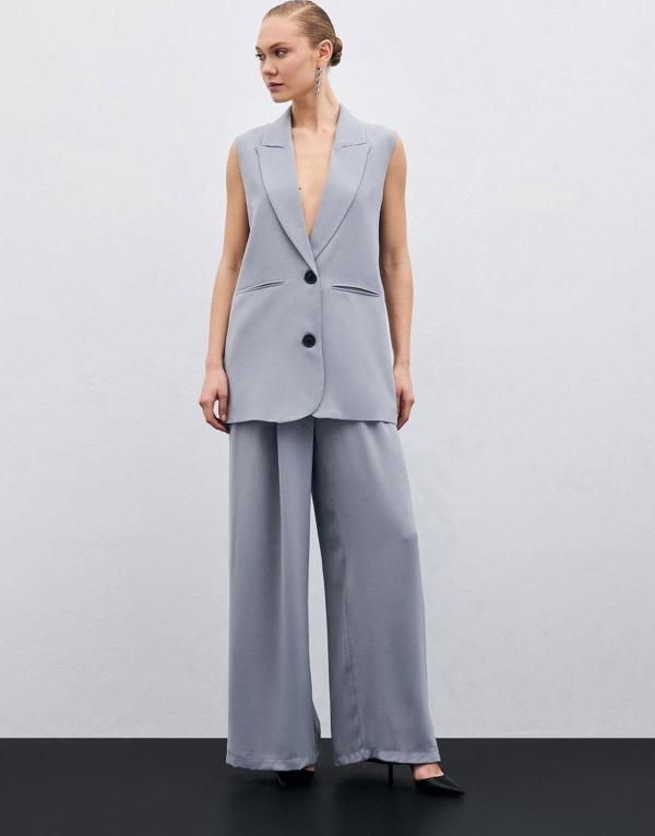 Yüksek Bel Bol Paça Pantolon - Gri - Image 1