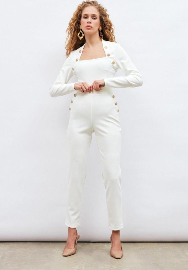 Düğme Detaylı Pantolon - Ekru - Image 1