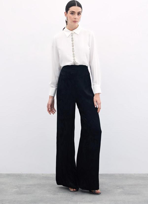 Jakarlı Bol Paça Pantolon - Siyah - Image 1