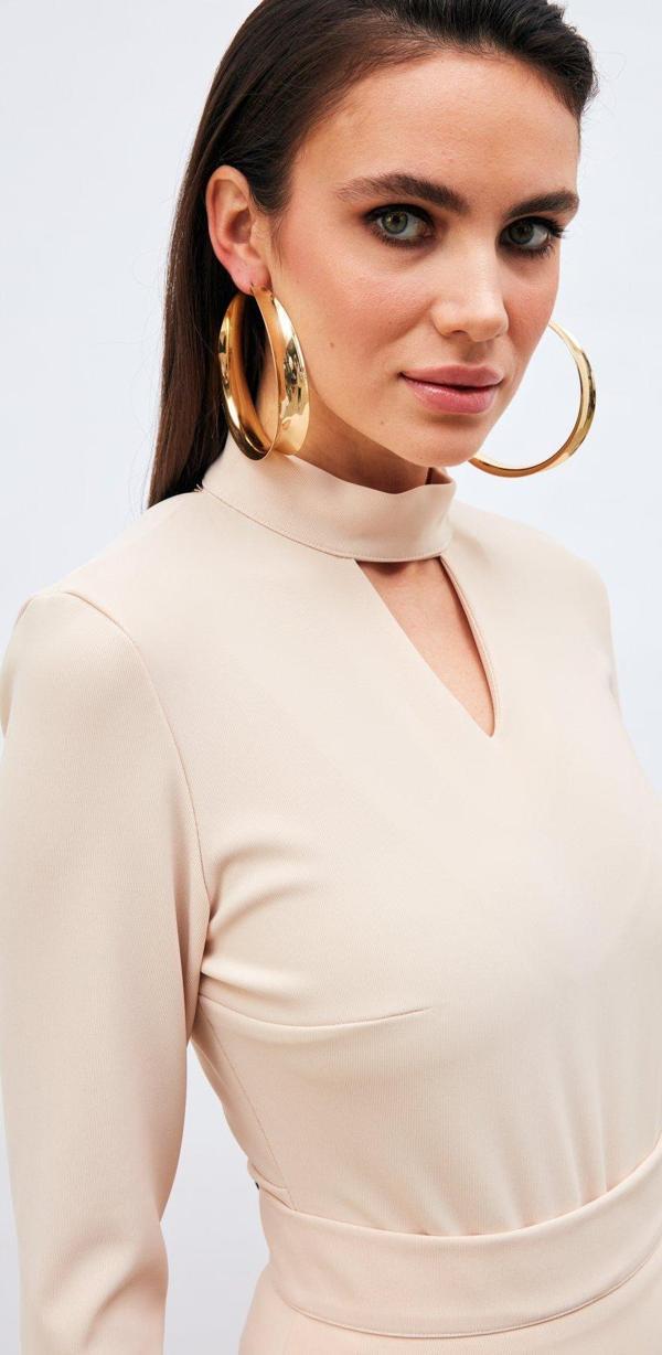 Sırt Detaylı Bodysuit Bluz - Bej - Image 1