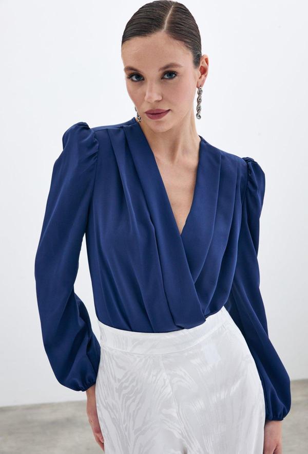 Kruvaze Vatkalı Bodysuit - Lacivert - Image 1