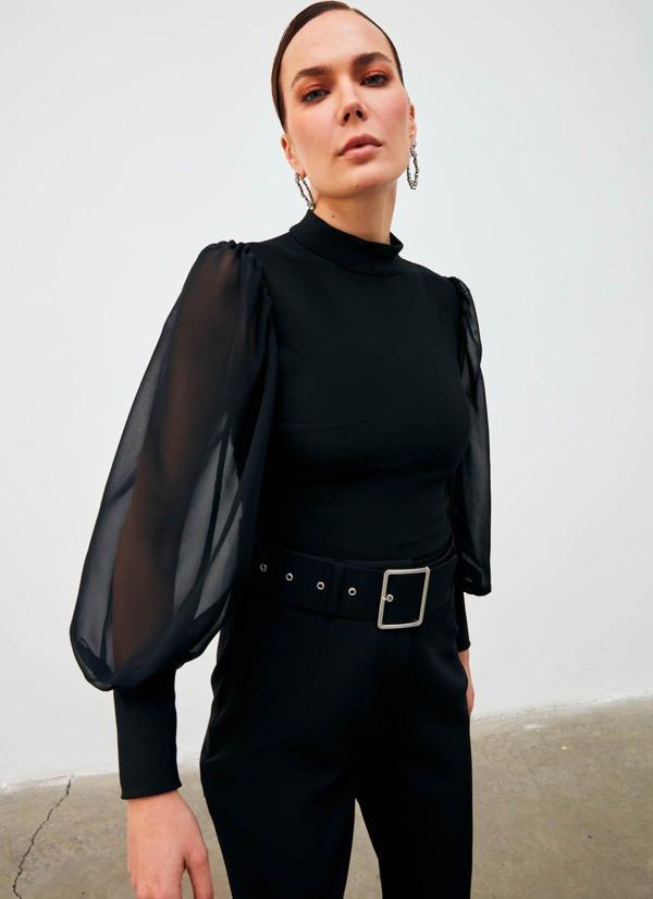 Dik Yaka Şifon Kol Detaylı Bluz - Siyah - Image 1