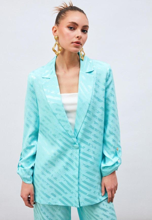 Kol Detaylı Desenli Salaş Ceket - Turkuaz - Image 1