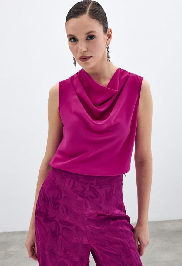 Degaje Yaka Kolsuz Bluz - Fuşya - Image 1