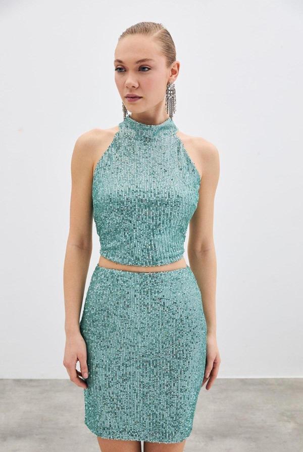 Kolsuz Payetli Bluz - Mint - Image 1