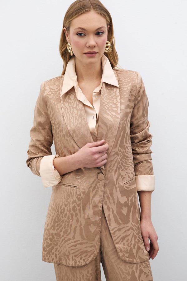Desenli Saten Ceket - Vizon - Image 1