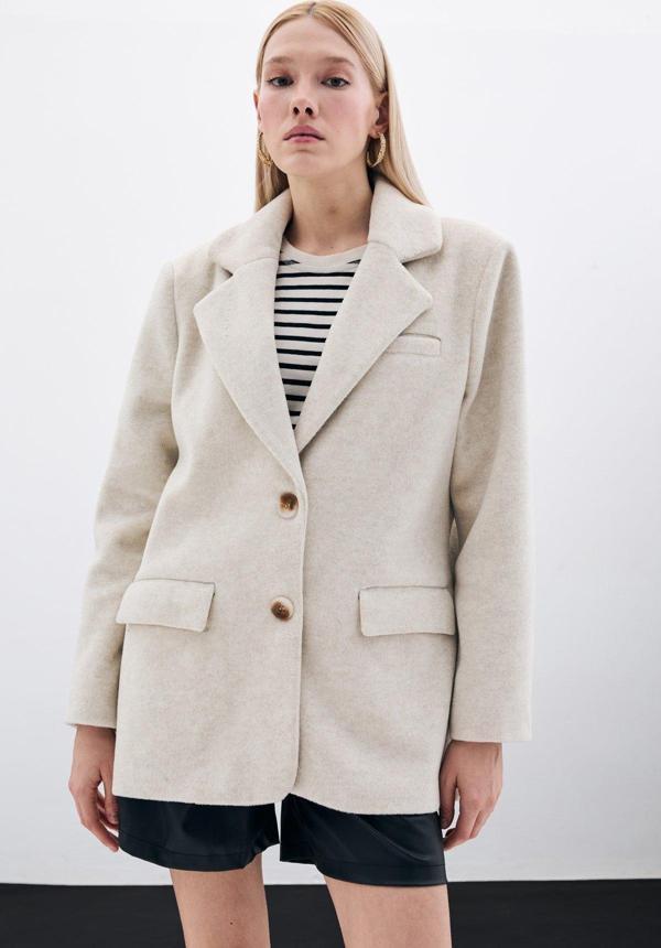 Düğmeli Kaşe Ceket - Bej - Image 1