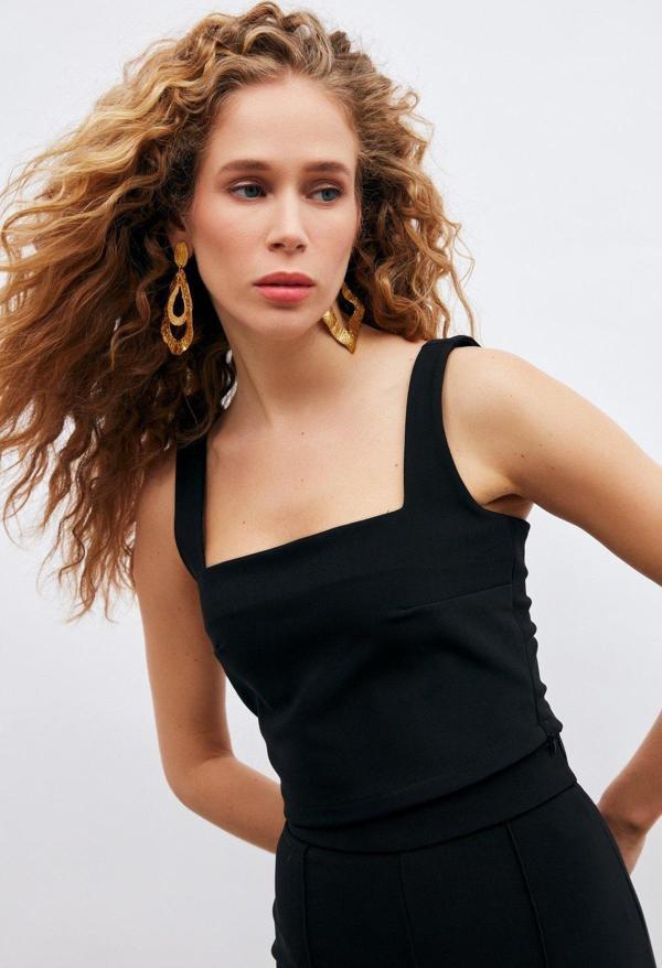 Kare Yaka Crop Bluz - Siyah - Image 1