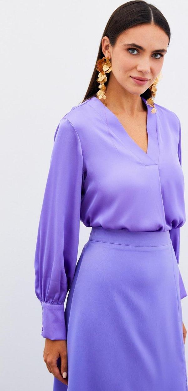 V Yaka Saten Bluz - Lila - Image 1