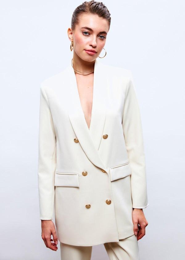 Düğme Detaylı Kruvaze Ceket - Taş - Image 1