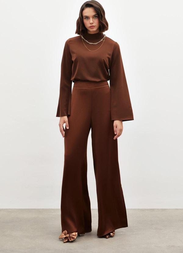 Yırtmaç Detaylı Saten Pantolon - Kahve - Image 1
