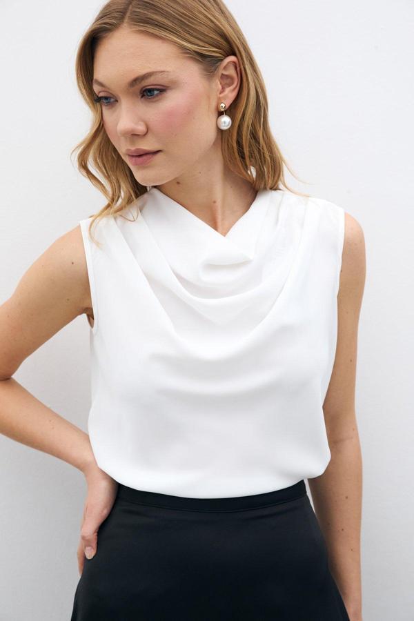 Degaje Yaka Kolsuz Bluz - Ekru - Image 1