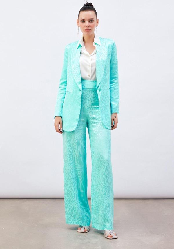 Desenli Saten Pantolon - Turkuaz - Image 1