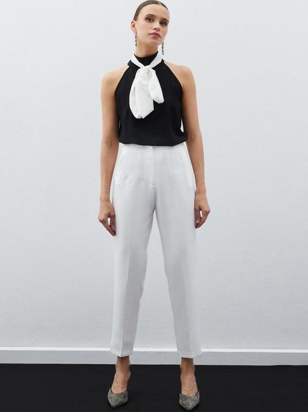 Yüksek Bel Pensli Pantolon - Ekru - Image 1