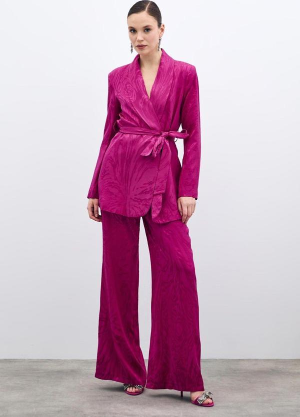 Yüksek Bel Desenli Pantolon - Fuşya - Image 1